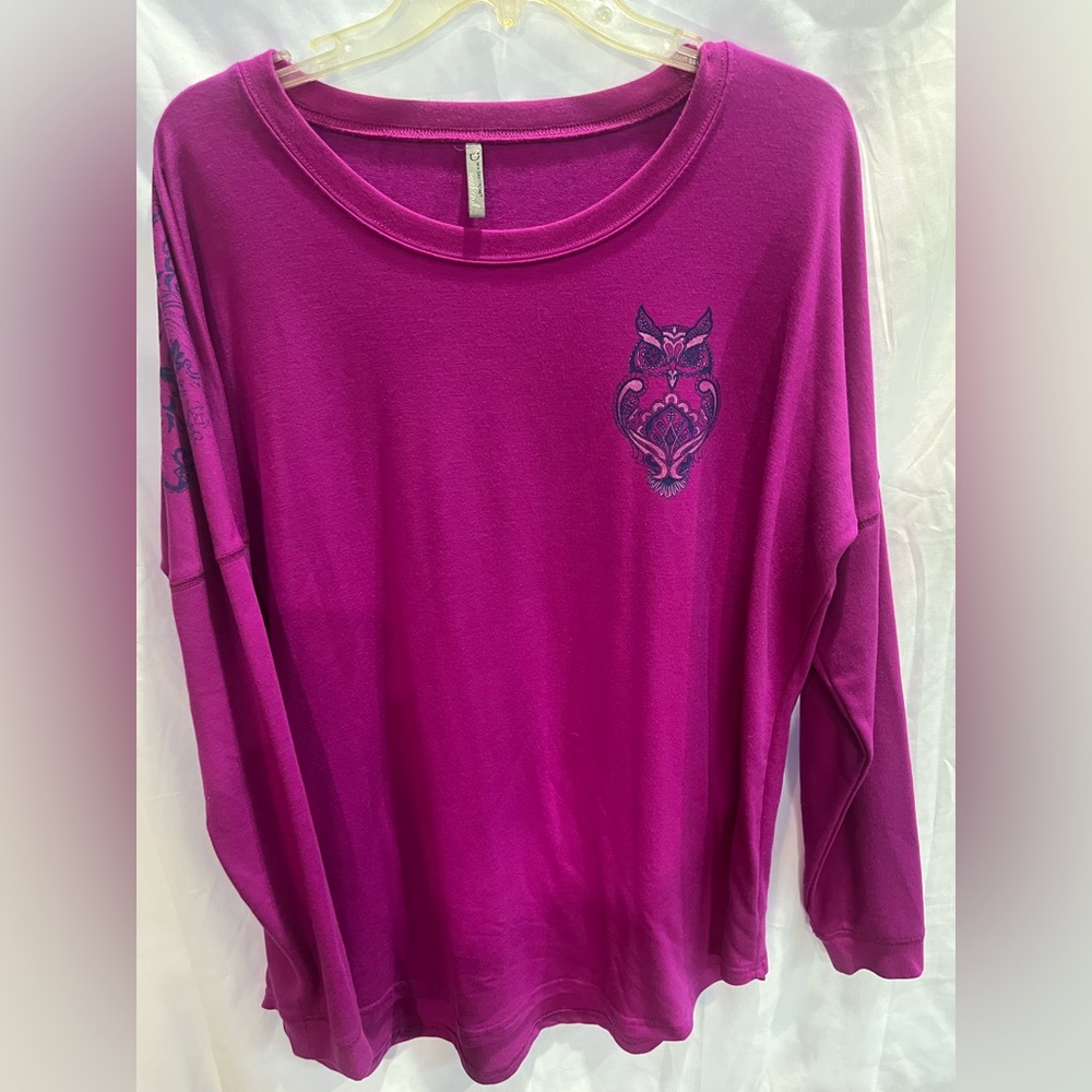 new directions Fuchsia Long Sleeve Top with Subtle Owl Motif